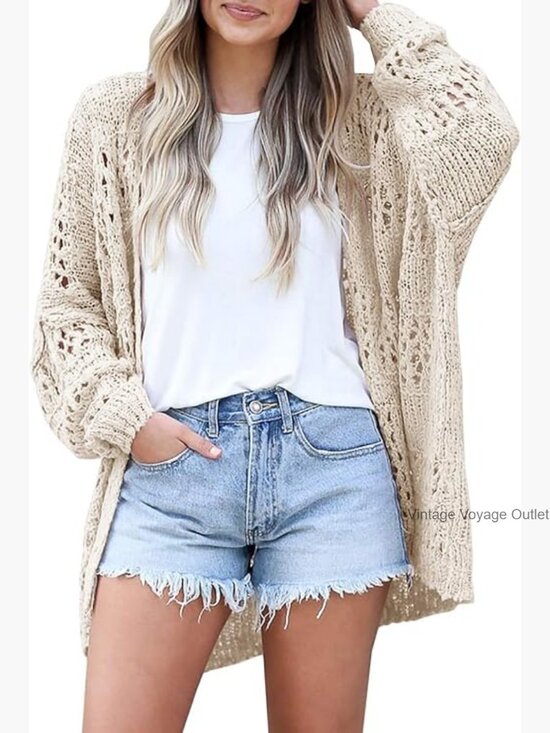 Sweaters - Lightweight Crochet Cardigan Long Sleeve Open Front Summer Sweater